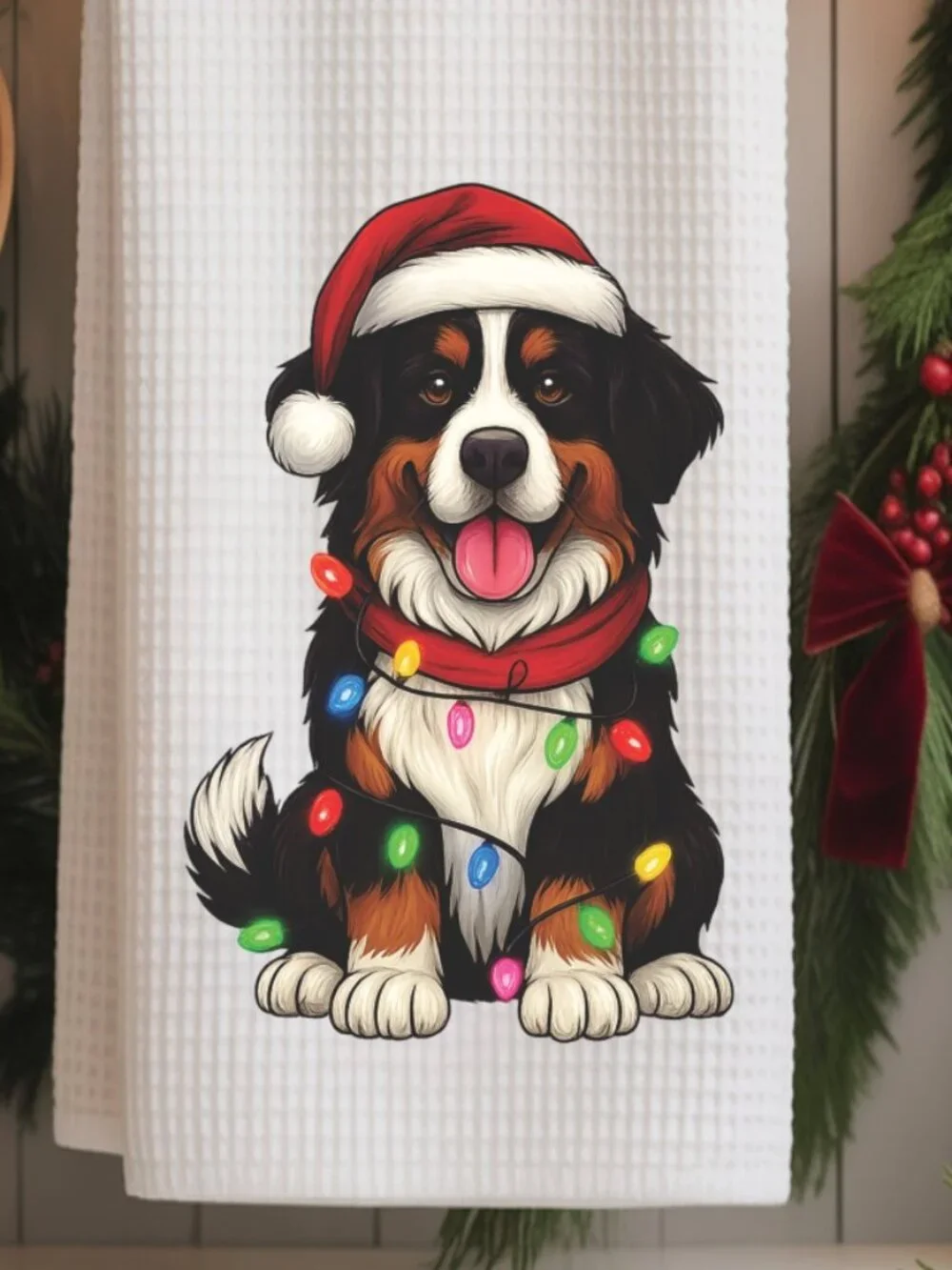 Bernese Mountain Dog Christmas Lights Decorative Kitchen Tea Towel
